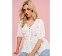 Yours Women's Broderie Anglaise Bow Tie Front Peplum Top in White | Size: 34-36 Yours White 34-36