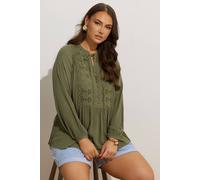 Yours Broderie Anglaise Tie Neck Blouse In Light Khaki Light Khaki 16