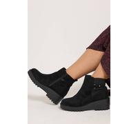 Yours Women's Buckle Detail Wedge Heel Boots In Extra Wide EEE Fit in Black | Size: 4EEE