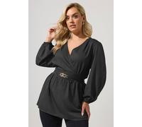 Yours Women's Buckle Detail Wrap Top in Black | Size: 26/28