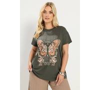 Yours Curve Khaki 'Free Spirit' Butterfly Embellished T-Shirt - Women's - Plus Size Curve