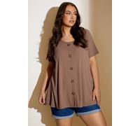 Yours Curve Mocha Brown Button Front Ribbed Swing Top - Women's - Plus Size Curve