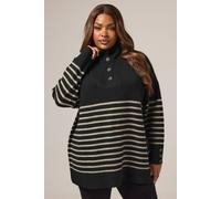 Yours Curve Black & Beige Brown Striped Button Neck Jumper - Women's - Plus Size Curve