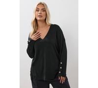 Yours Button Sleeve V-Neck Jumper In Black Black 26-28