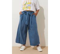 Yours Chambray Tie Waist Cropped Trousers In Blue Blue 16