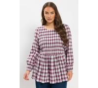 Yours Check Shirred Peplum Top In Dark Pink Dark Pink 18
