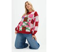 Yours Women's Checked Christmas Tree Novelty Jumper in Red | Size: 14/16
