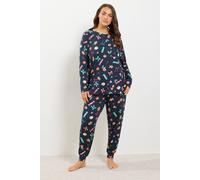 Yours Women's Christmas Soft Touch Pyjama & Eye Mask Set in Mid Navy | Size: 34/36