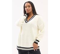 Yours Contrast V-Neck Knitted Jumper In Ivory Ivory 22-24