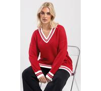 Yours Curve Contrast V-Neck Knitted Jumper - Women's - Plus Size Curve Red