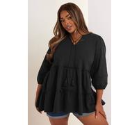 Yours Curve Cotton Tie Neck Top - Women's - Plus Size Curve Black