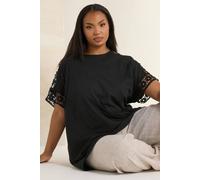 Yours Crochet Sleeve Boxy T-Shirt In Black Black 22-24