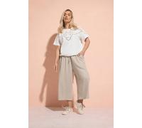 Yours Curve Brown Wide Leg Cropped Linen Trousers - Women's - Plus Size Curve