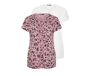 Yours Curve 2 Pack & White Ditsy Floral Pintuck Henley Tops - Women's - Plus Size Curve