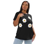 Yours Curve Applique Daisy T-Shirt - Women's - Plus Size Curve Black