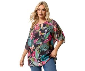 Yours Curve Black Tropical Print Keyhole Detail Top - Women's - Plus Size Curve