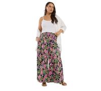 Yours Curve Black Tropical Print Shirred Wide Leg Trousers - Women's - Plus Size Curve