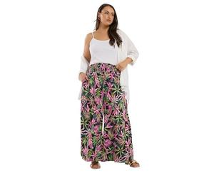 Yours Curve Black Tropical Print Shirred Wide Leg Trousers - Women's - Plus Size Curve