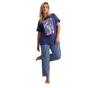 Yours Curve Blue 'Pasta Club' Wide Leg Striped Pyjama Set - Women's - Plus Size Curve