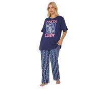 Yours Curve Blue 'Pasta Club' Wide Leg Striped Pyjama Set - Women's - Plus Size Curve