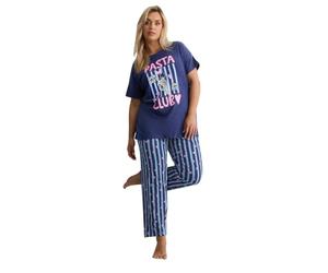Yours Curve Blue 'Pasta Club' Wide Leg Striped Pyjama Set - Women's - Plus Size Curve