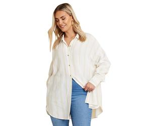 Yours Curve Brown Stripe Linen Shirt - Women's - Plus Size Curve