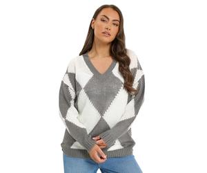 Yours Curve Diamond V-Neck Soft Touch Jumper - Women's - Plus Size Curve Grey