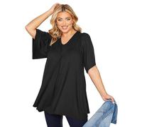 Yours Curve Essential Cotton Angel Sleeve Swing Soft Stretch Short Sleeve V-Neck Tee T-Shirt Top - Women's - Plus Size Black 30-32