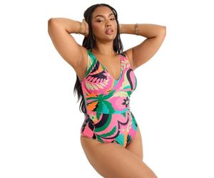 Yours Curve Floral Abstract Print Plunge Swimsuit - Women's - Plus Size Curve