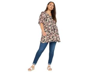 Yours Curve Floral Mesh Sleeve Pleated Top - Women's - Plus Size Curve
