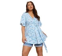 Yours Curve Floral Print Ribbed Wrap Top - Women's - Plus Size Curve Blue