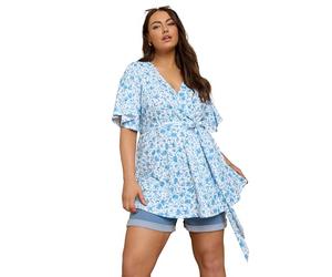 Yours Curve Floral Print Ribbed Wrap Top - Women's - Plus Size Curve Blue