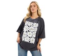 Yours Curve Grey Acid Wash Boxy Daisy Print T-Shirt - Women's - Plus Size Curve