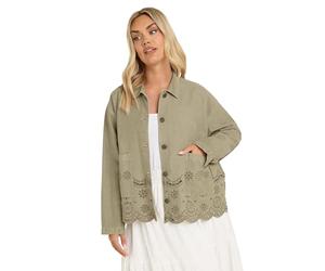 Yours Curve Khaki Broderie Anglaise Twill Shacket - Women's - Plus Size Curve