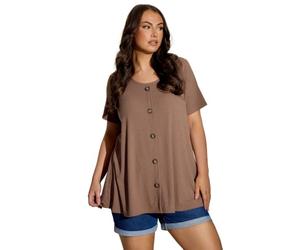 Yours Curve Mocha Brown Button Front Ribbed Swing Top - Women's - Plus Size Curve