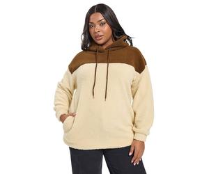 Yours Curve Natural Brown Colourblock Teddy Fleece Hoodie - Women's - Plus Size Curve