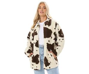 Yours Curve Natural Brown Cow Print Teddy Borg Jacket - Women's - Plus Size Curve
