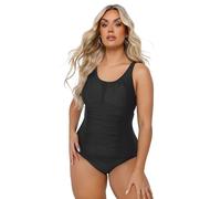 Yours Curve Ruched Mesh Panel Tummy Control Costume One Piece Swimsuit with Built in Bust Support- Women's - Plus Size Curve Black 30-32