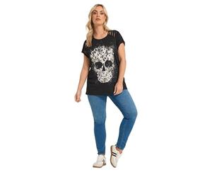 Yours Curve Skull Print Laser Cut T-Shirt - Women's - Plus Size Curve Black