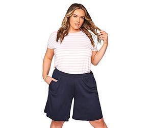 Yours - Curve Soft Stretch Jersey Pull On Elasticated Waist Wide Leg Loose Culotte Shorts with Pockets - Women's - Plus Size Curve Navy Blue 14