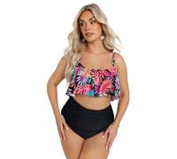 Yours Curve Tropical Print Frill Bikini Top - Women's - Plus Size Curve Black