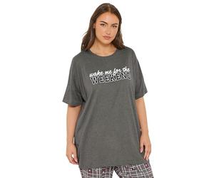 Yours Curve 'Wake Me for The Weekend' Slogan Pyjama Top - Women's - Plus Size Curve Grey