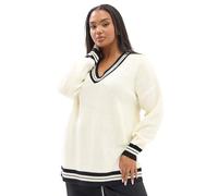 Yours Curve White Contrast V-Neck Knitted Jumper - Women's - Plus Size Curve