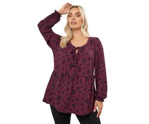 Yours Curve Wine Floral Bow Front Peplum Top - Women's - Plus Size Curve