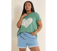 Yours Daisy Heart Print T-Shirt In Green Green 20