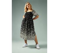 Yours Curve Daisy Print Shirred Midi Dress - Women's - Plus Size Curve Black