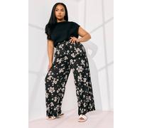 Yours Women's Daisy Print Wide Leg Trousers in Black | Size: 22-24 Yours Black 22-24