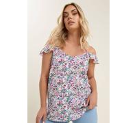 Yours Ditsy Floral Cold Shoulder Frill Top In Pink Pink 22-24