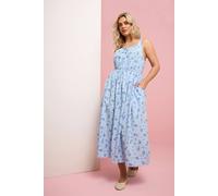 Yours Ditsy Floral Linen Milkmaid Dress In Light Blue Light Blue