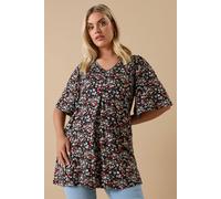 Yours Curve Ditsy Floral Print Pleat Front Top - Women's - Plus Size Curve Black